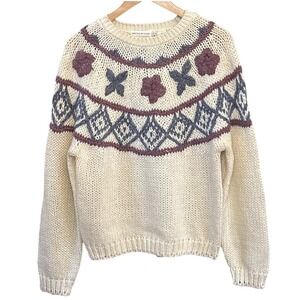 Vintage Hand Knit Floral Yoke Sweater Cottagecore Cozy 90s Pullover Medium Folk